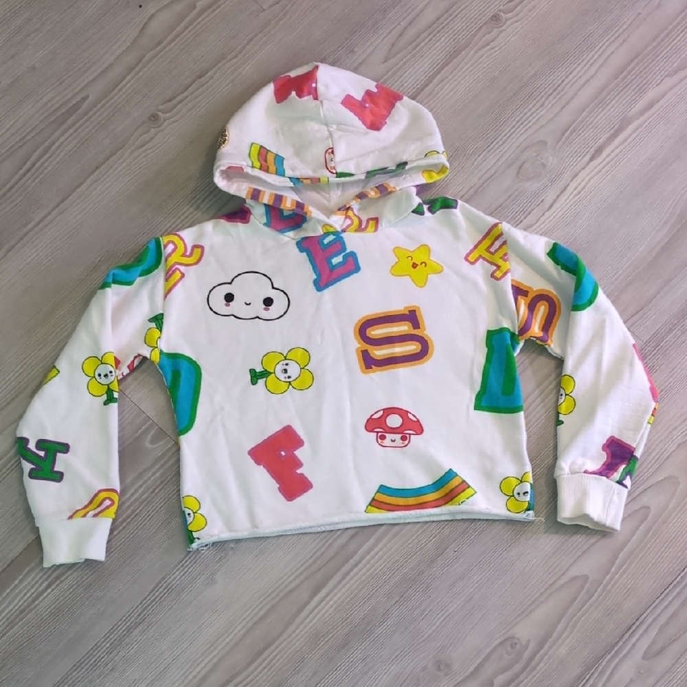 Guess X Friends With You White Cropped Hoodie with Colorful Prints